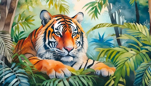 Vibrant watercolor painting of a relaxed tiger resting in the jungle  surrounded by colorful foliage and natural beauty.