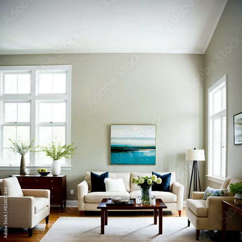 Elegant living room with white sofas, wooden decor, and a tranquil ocean painting above the coffee table