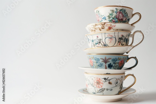 A stack of teacups with floral designs on them