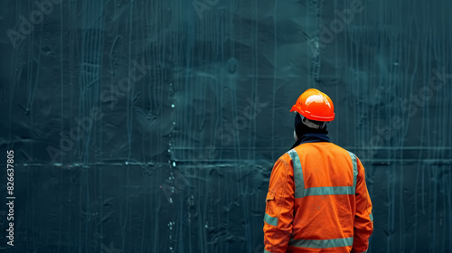 construction worker in reflective vest and helmet against dark textured wall