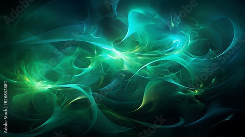 Luminous tendrils of ultraviolet light intertwining with vivid jade green hues, dancing in a fluid, ethereal display. photo