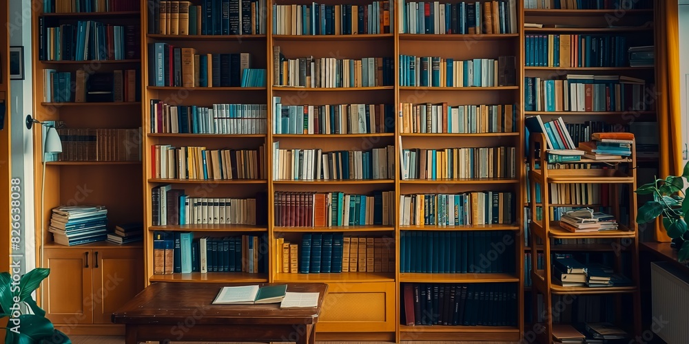 Library interior with books and empty table Library interior with books and empty table
