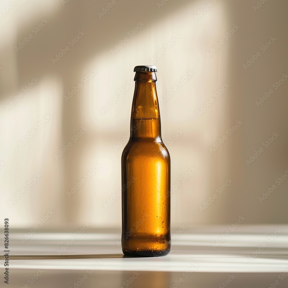 Minimalist beer bottle on a white surface with natural sunlight shadow in the background. Perfect for beverage advertisements and design projects. Minimalist beer bottle on a white surface with natural sunlight shadow in the background. Perfect for beverage advertisements and design projects.