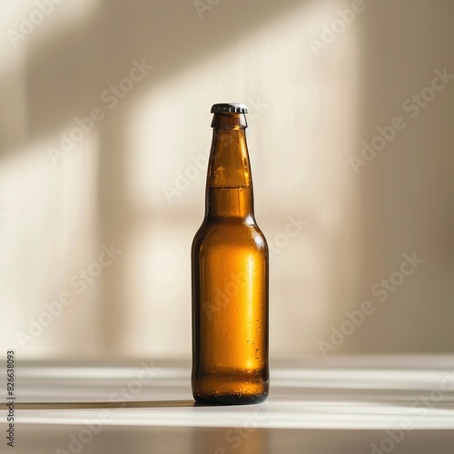 Minimalist beer bottle on a white surface with natural sunlight shadow in the background. Perfect for beverage advertisements and design projects.