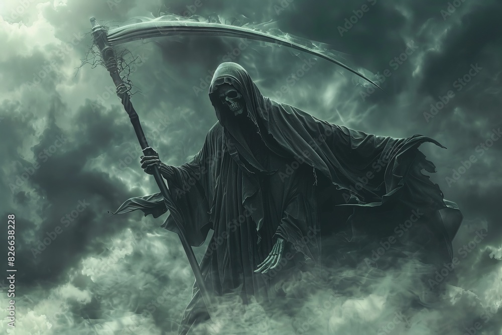 Grim Reaper Symbolizing the Unseen Presence Amidst a Pandemic, Highlighting Hope, Resilience of Medical Staff, and Chaos. Grim Reaper Symbolizing the Unseen Presence Amidst a Pandemic, Highlighting Hope, Resilience of Medical Staff, and Chaos.