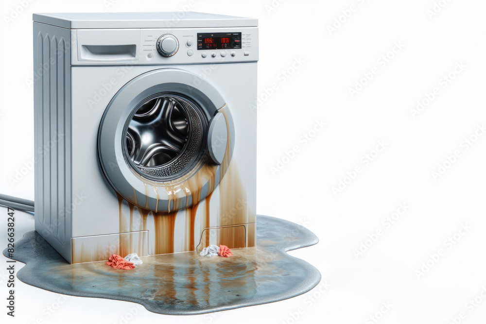 washing machine is broken and leaking, a puddle under the washing
