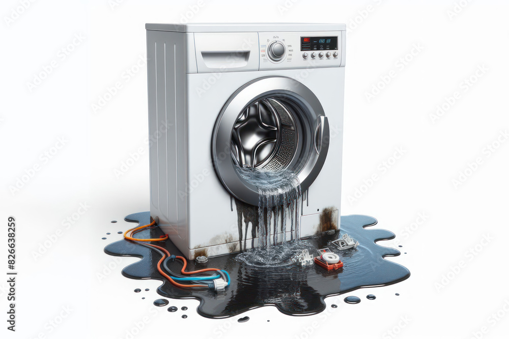washing machine is broken and leaking, a puddle under the washing