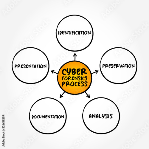Stages of the cyber forensics process - sub-branch of digital forensics relating to the monitoring and analysis of computer network traffic, mind map text concept background 