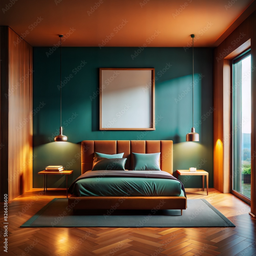 Frame mockup Bedroom A bedroom with a green bed, a white framed picture, and a wooden floor Frame mockup Bedroom A bedroom with a green bed, a white framed picture, and a wooden floor