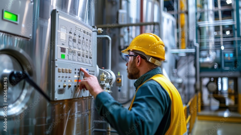 A factory worker in safety gear operates a control panel amidst large industrial machinery during the evening shift. A factory worker in safety gear operates a control panel amidst large industrial machinery during the evening shift.