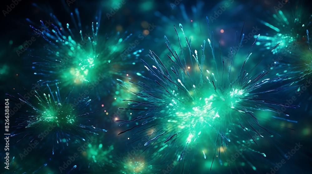 Fototapeta premium Radiant bursts of ultraviolet and jade green erupting in a dazzling display of color and light, like a celestial fireworks show frozen in time.