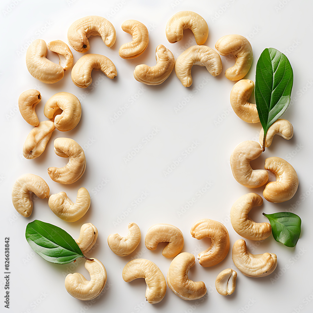 Frame of delicious ripe cashew nuts, on white background, free place for text, for design, advertising and food packaging decoration Frame of delicious ripe cashew nuts, on white background, free place for text, for design, advertising and food packaging decoration