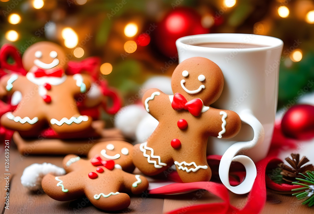 Obraz premium A gingerbread man cookie and a mug of hot chocolate with marshmallows on a festive background