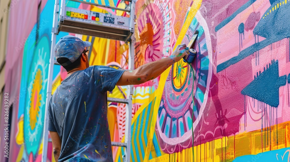 Fototapeta premium Artist Painting Colorful Urban Murals. Description: Photos of artists painting large, vibrant murals on urban walls, showcasing creative street art.