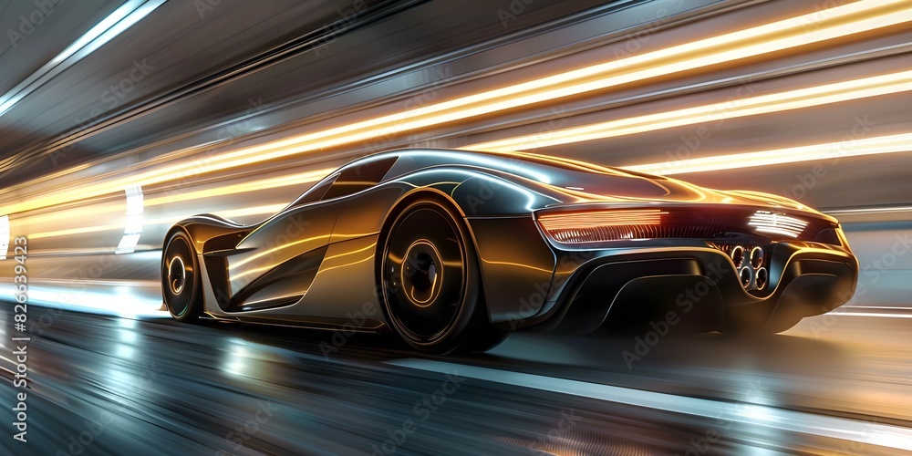 Neonlit sports car speeding on a futuristic highway in 3D render. Concept 3D Render, Futuristic Highway, Neon Lit, Sports Car, Speeding