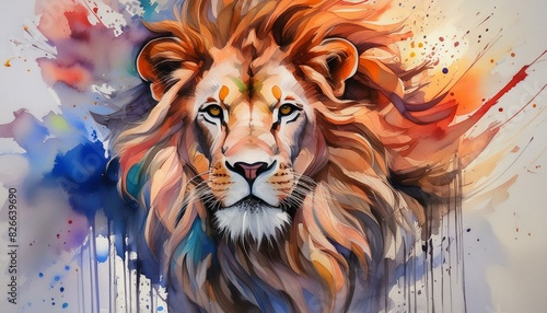 Vivid watercolor painting of a majestic lion with a stunning mane  blending vibrant colors and artistic splashes.