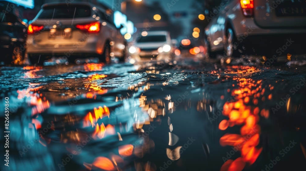 Urban Flood at Night: Streetlights Reflecting on Rising Water, Cars Stranded in Chaos. Urban Flood at Night: Streetlights Reflecting on Rising Water, Cars Stranded in Chaos.