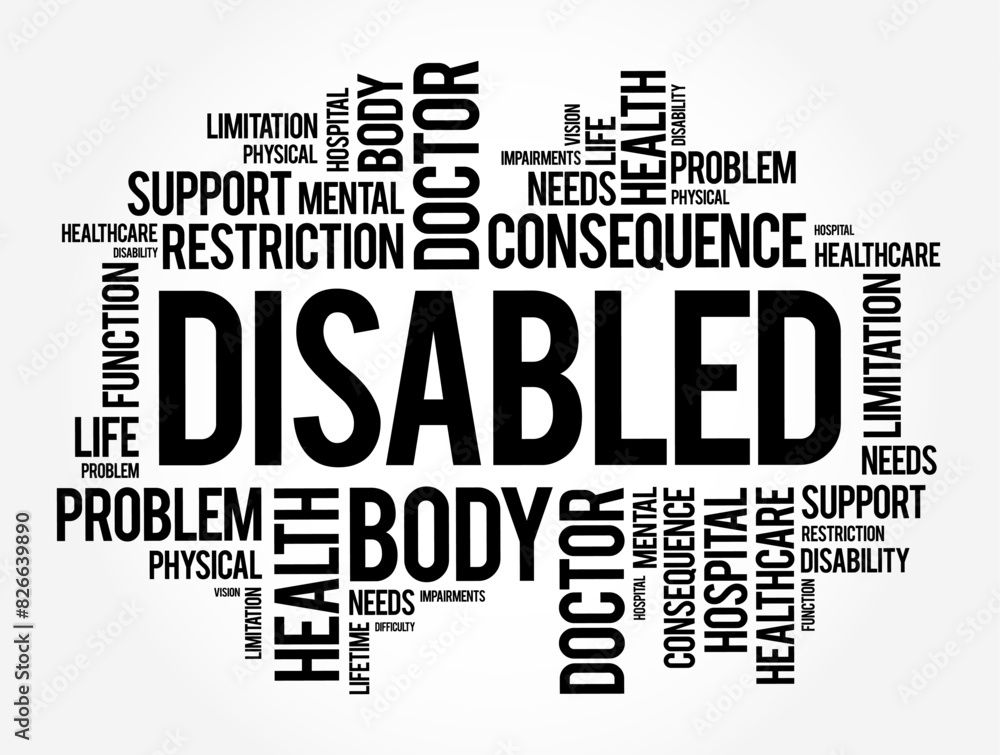 Disabled - having a physical or mental condition that limits their movements, senses, or activities, word cloud concept background Disabled - having a physical or mental condition that limits their movements, senses, or activities, word cloud concept background