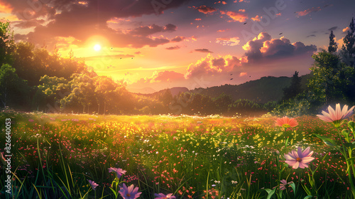 Breathtaking Sunset Meadow: Tranquil Scene of Lush Greenery and Vibrant Wildflowers Under a Colorful Sky