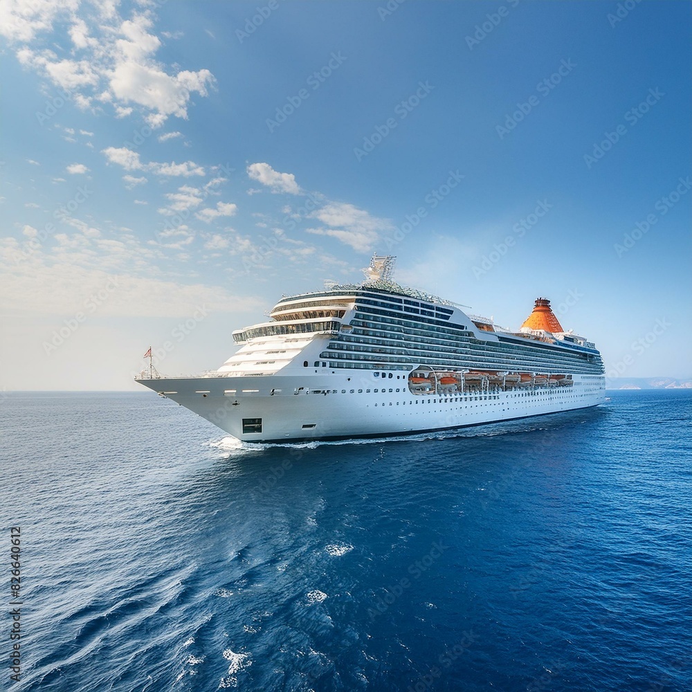 A massive cruise ship cruising through the vast ocean under a clear sky A massive cruise ship cruising through the vast ocean under a clear sky
