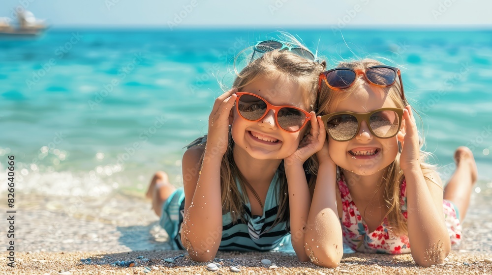 Photo of two little girls lying on the beach, smiling with sunglasses on, enjoying the sunny day by the turquoise water. Photo of two little girls lying on the beach, smiling with sunglasses on, enjoying the sunny day by the turquoise water.