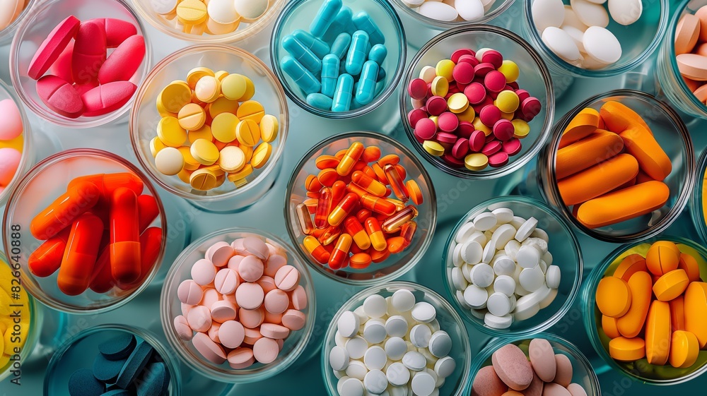 Assorted pills in clear containers Assorted pills in clear containers