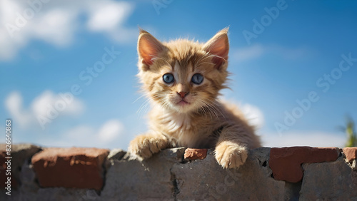 Cute orange kitten looking over a wall, copy space for text