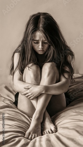 A minimalistic charcoal pencil drawing reflecting the essence of a young woman immersed in deep thought. © lastfurianec