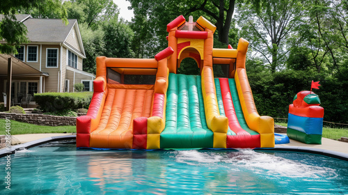 Casa de salto inflável colorida, escorregador de água no quintal, divertido, castelo inflável, playground para crianças, entretenimento de verão photo