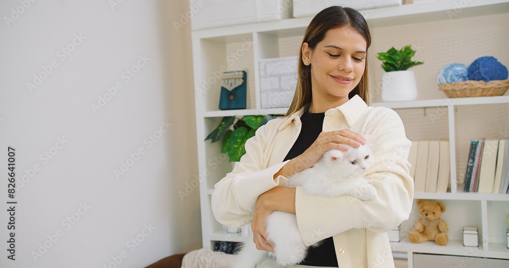 Cute pretty young beautiful woman is holding hugging embrace cute little fluffy a white cat in her arms. The woman is smiling and seems to be enjoying the moment, Relationship between pets and people Cute pretty young beautiful woman is holding hugging embrace cute little fluffy a white cat in her arms. The woman is smiling and seems to be enjoying the moment, Relationship between pets and people