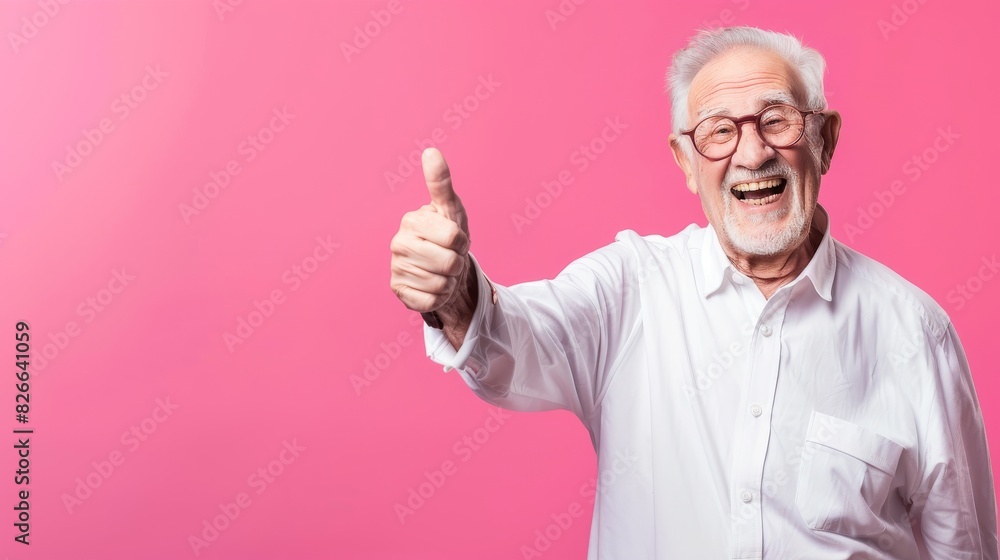 An elderly grandfather happily gives thumbs up against a colorful background. An elderly grandfather happily gives thumbs up against a colorful background.