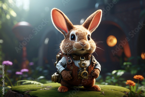 Cute 3D rabbit steampunk illustration, animal character