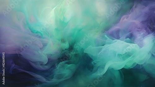 Wisps of luminous ultraviolet and jade green meld together, resembling an ethereal mist illuminated by an unseen light source, vividly portrayed in high-definition imagery.