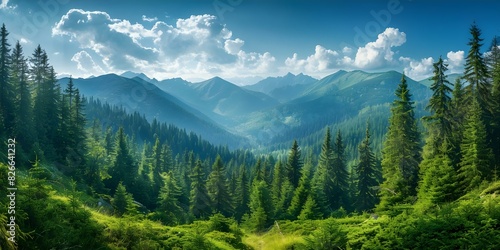 Lush coniferous forest blankets Carpathian Mountains under brilliant blue sky backdrop. Concept Nature Photography, Mountain Landscapes, Blue Sky Views, Vibrant Forest Scenery, Carpathian Mountains