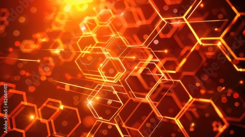 A vibrant display of orange hexagons connected by energy lines  symbolizing dynamic innovation.