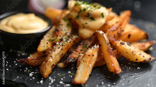A plate of truffle parmesan fries, with a creamy aioli dipping sauce, on a sleek black slate plate, with soft restaurant lighting. photo