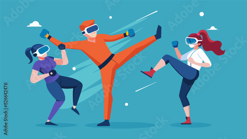 Wearing their VR headsets and fullbody motion sensors students confidently exee stunning kicks and punches while their virtual masters provide. Vector illustration