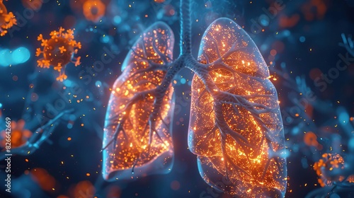 A 3D visualization of human lungs with areas affected by a virus highlighted in neon orange photo