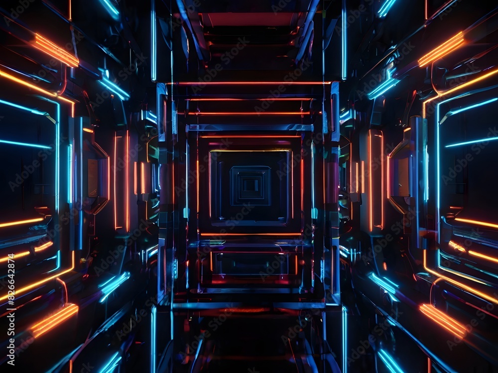 Abstract neon lights illuminating a dark tunnel, creating a vibrant and mesmerizing visual spectacle.