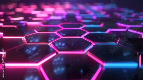 Glowing neon hexagons in a dynamic grid layout  shining on a shadowy base.