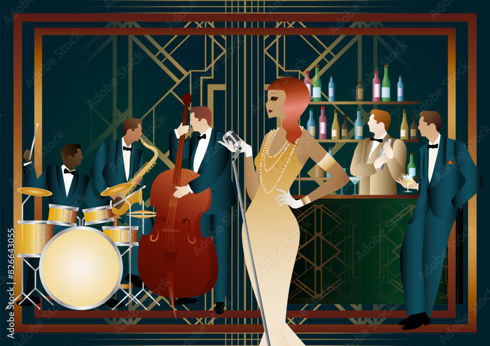 Fototapeta premium Jazz musicians and singer in a restaurant, cafe or bar. Double bass, saxophone, drum. Musicians play musical instruments