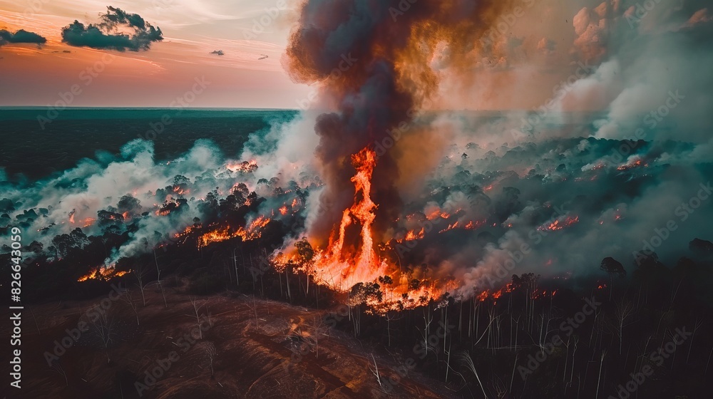 Aerial View of Forest Fire Merging with Urban Pollution, Portraying Natural and Human-Made Crises with an Urgent Climate Message.