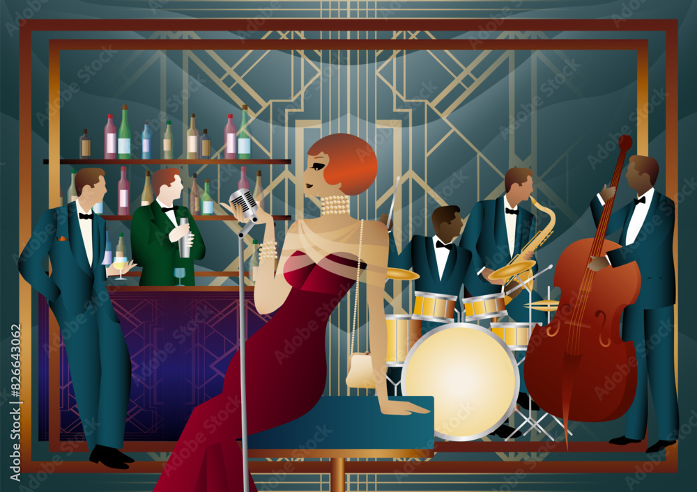 Fototapeta premium Jazz musicians and singer in a restaurant, cafe or bar. Double bass, saxophone, drum. Musicians play musical instruments