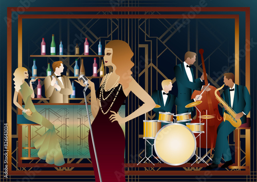 Jazz musicians and singer in a restaurant, cafe or bar. Double bass, saxophone, drum. Musicians play musical instruments