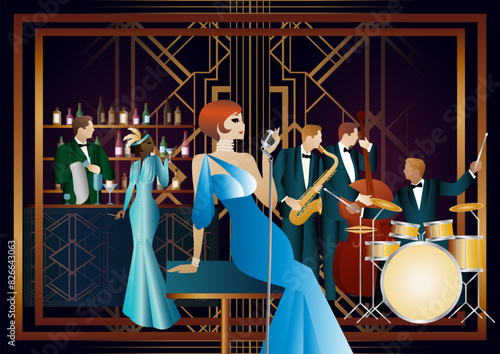 Jazz musicians and singer in a restaurant, cafe or bar. Double bass, saxophone, drum. Musicians play musical instruments