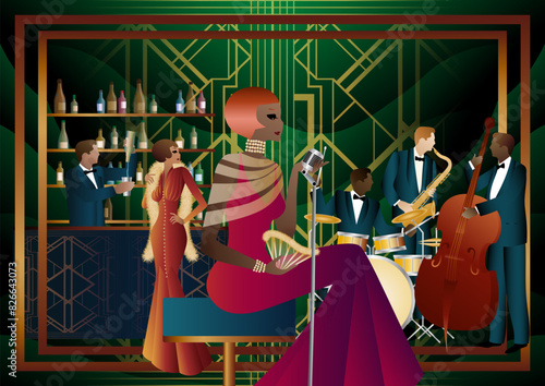 Jazz musicians and singer in a restaurant, cafe or bar. Double bass, saxophone, drum. Musicians play musical instruments