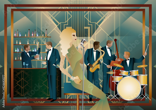 Jazz musicians and singer in a restaurant, cafe or bar. Double bass, saxophone, drum. Musicians play musical instruments