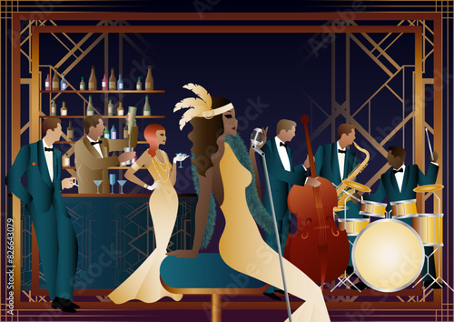 Jazz musicians and singer in a restaurant, cafe or bar. Double bass, saxophone, drum. Musicians play musical instruments