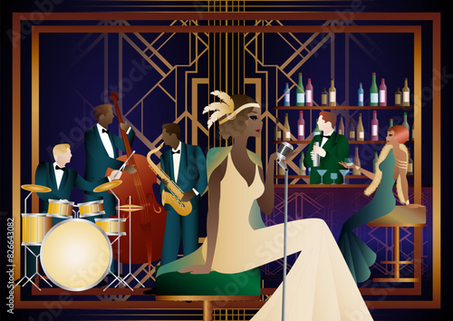 Jazz musicians and singer in a restaurant, cafe or bar. Double bass, saxophone, drum. Musicians play musical instruments