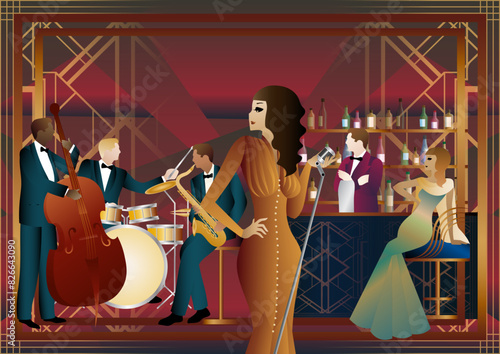 Jazz musicians and singer in a restaurant, cafe or bar. Double bass, saxophone, drum. Musicians play musical instruments